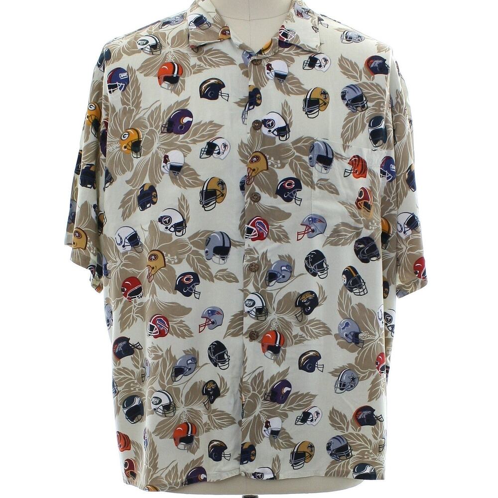 Vintage 90s Sun & Turf NFL Helmet Print Rayon Hawaiian Camp Shirt Men's XXL